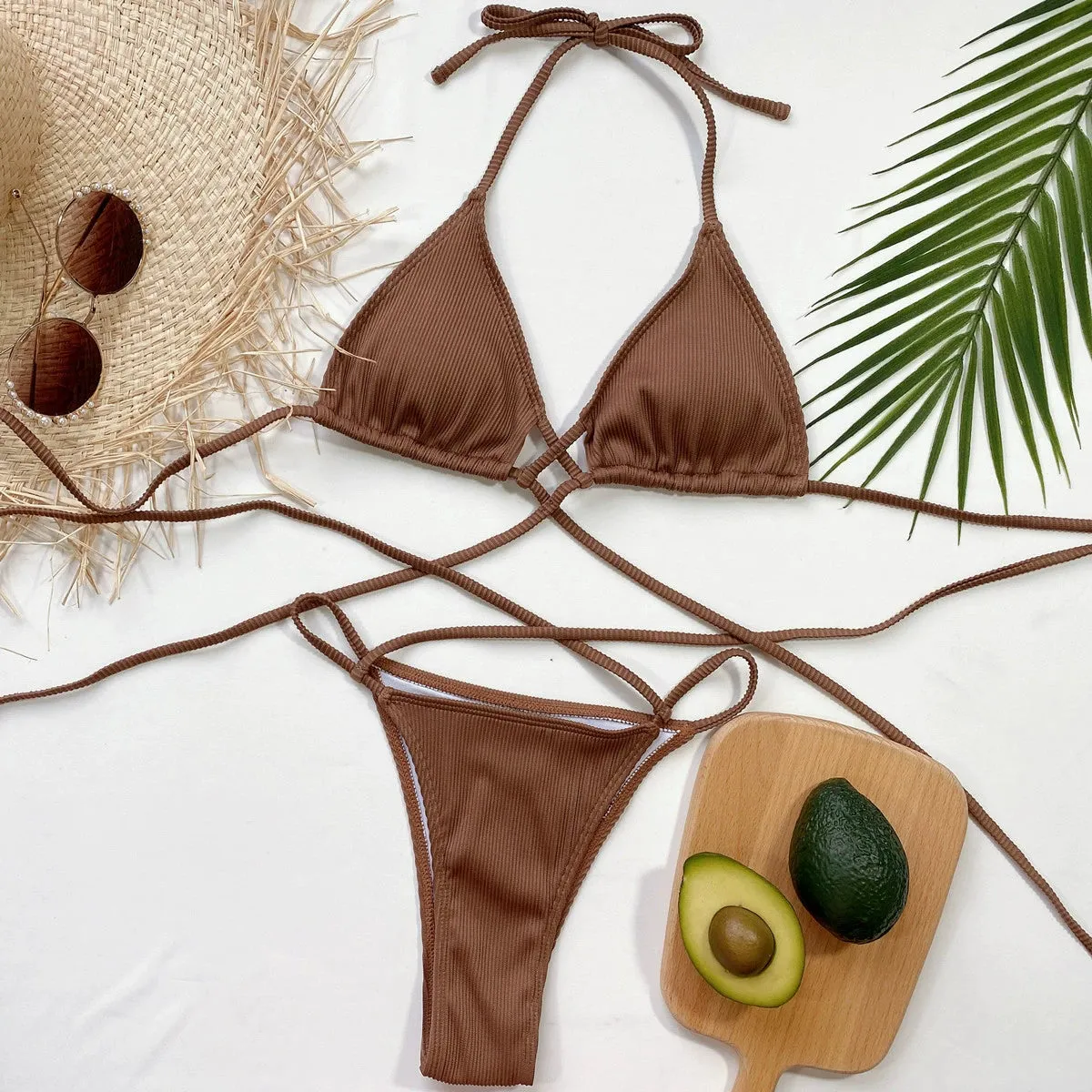 2021 Summer Sanya Swimsuit Hollow Strap Bikinis Triangle Beach Split Swimsuit Solid Sexy Bikini