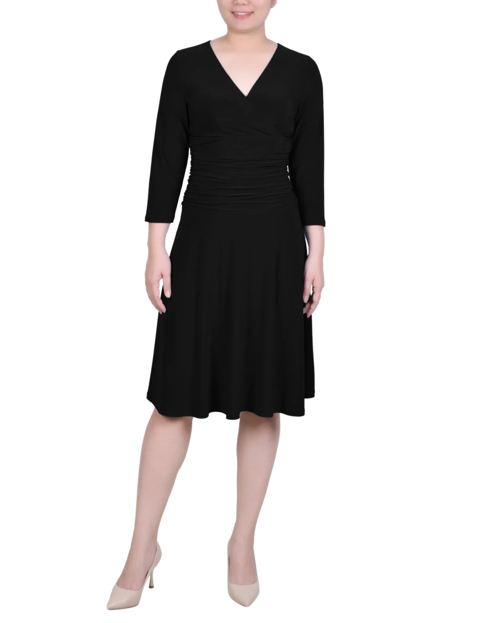 3/4 Length Sleeve Rouched-Waist Dress - Petite