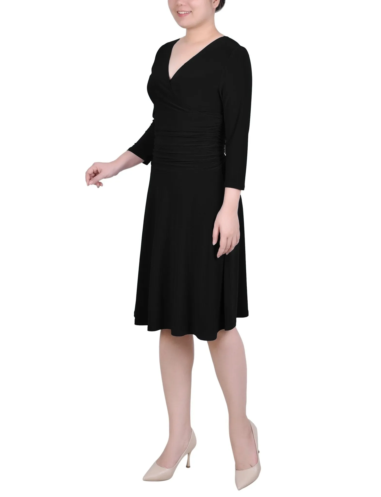 3/4 Length Sleeve Rouched-Waist Dress - Petite