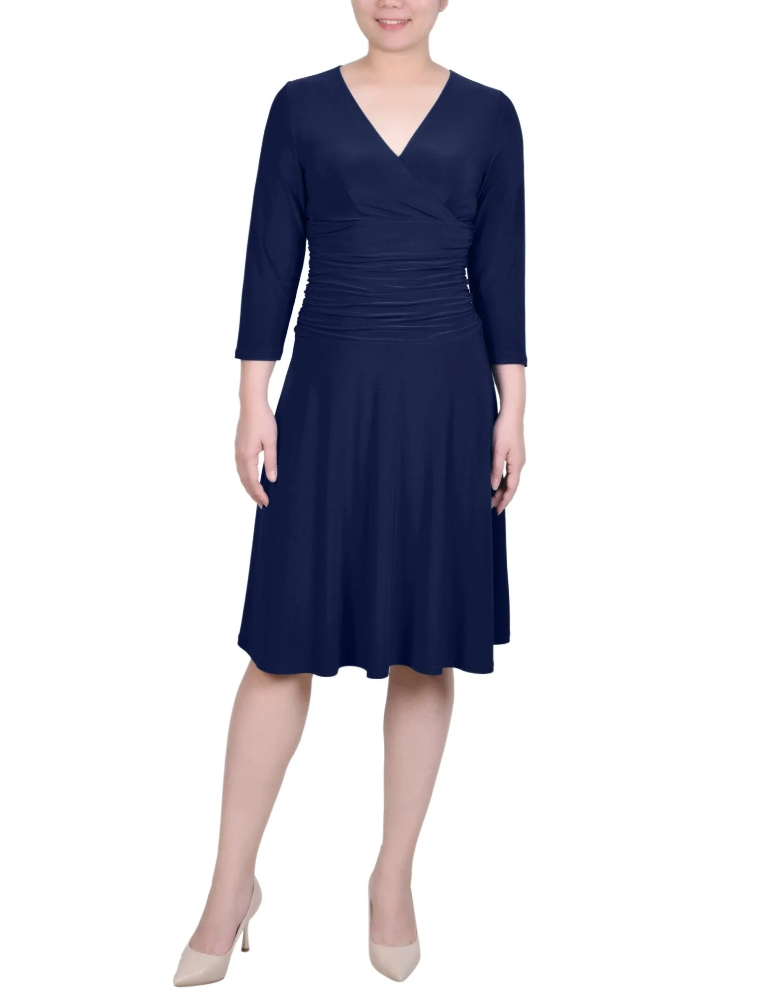 3/4 Length Sleeve Rouched-Waist Dress - Petite