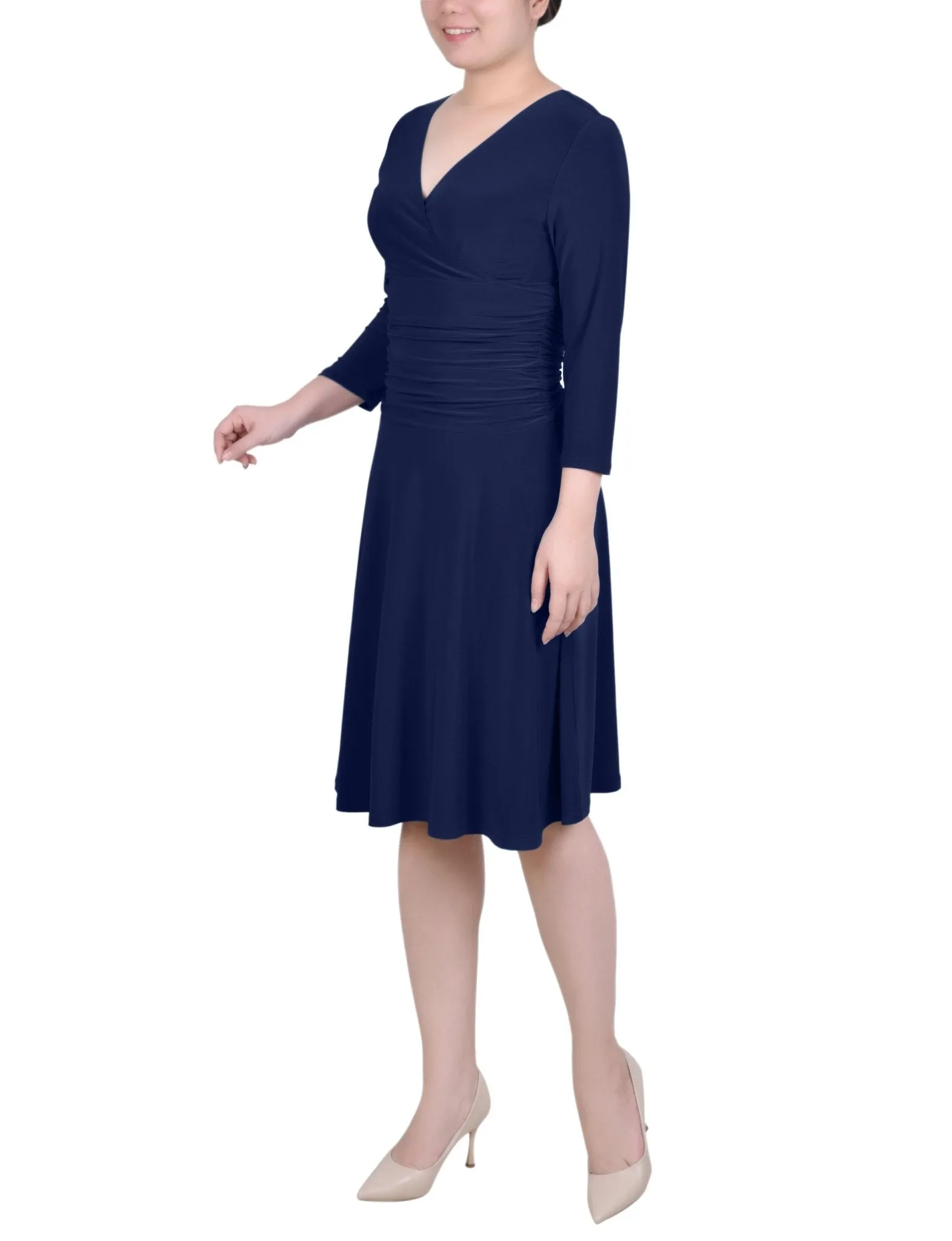 3/4 Length Sleeve Rouched-Waist Dress - Petite