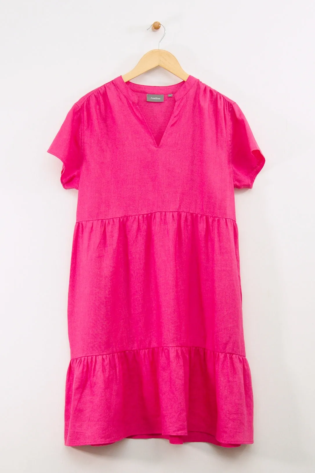 38" Short Sleeve Notched Mandarin Collar Tiered Dress