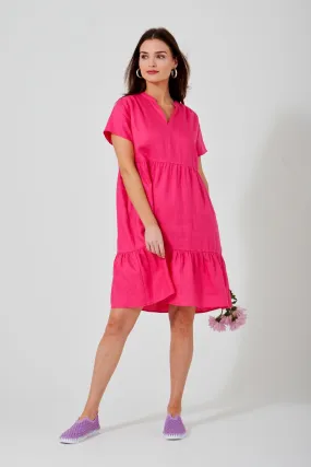 38" Short Sleeve Notched Mandarin Collar Tiered Dress