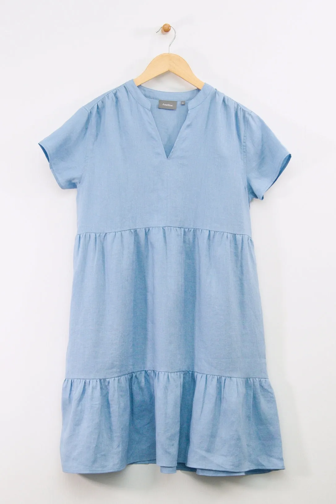 38" Short Sleeve Notched Mandarin Collar Tiered Dress