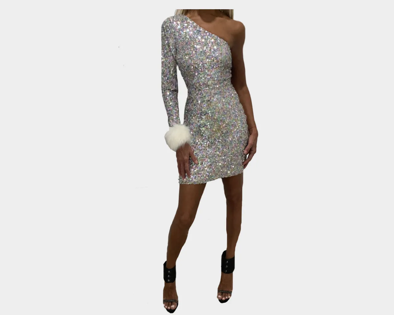 72 One Shoulder Silver Sequins White Fur Dress- The St. Moritz