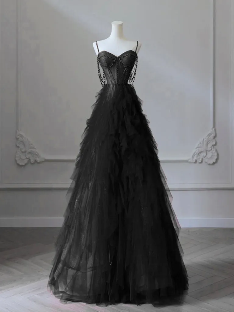 A-Line Sweetheart Neck Tulle Dark Blue Long Prom Dress, Dark Blue Long Graduation Dress with Beads