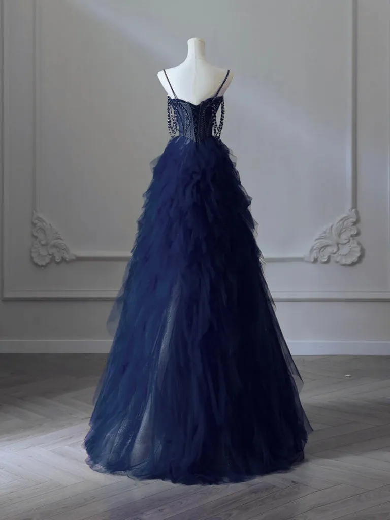 A-Line Sweetheart Neck Tulle Dark Blue Long Prom Dress, Dark Blue Long Graduation Dress with Beads