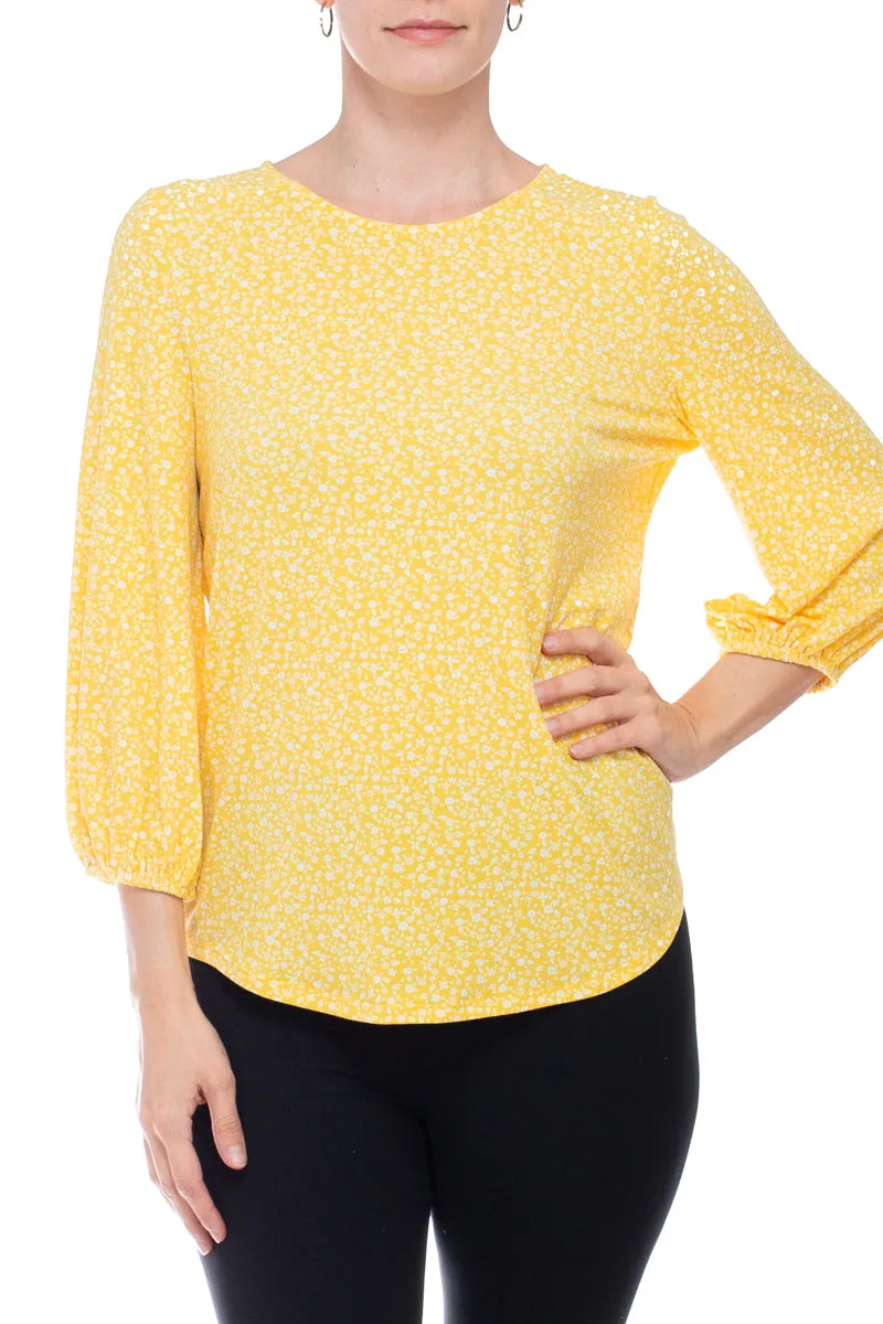 Adrianna Papell Crew Neck 3/4 Sleeve Elastic Cuff Multi Print Keyhole Back Button Closure Knit Top - Wholesale