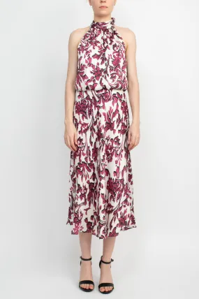 Adrianna Papell Halter Neck Back Zipper Tie Back Neck Closure Sleeveless Midi Dress