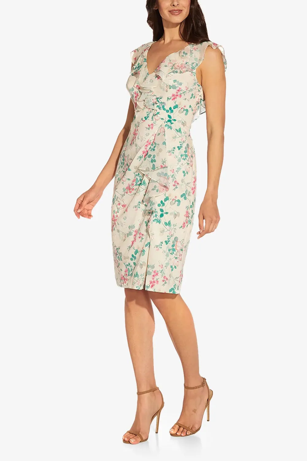 Adrianna Papell V- Neck Sleeveless Back Zipper Ruffle Front Detail Chiffon Short Dress