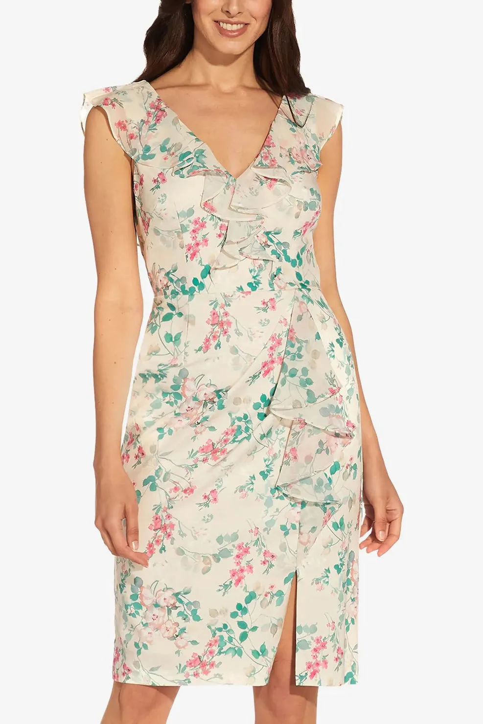 Adrianna Papell V- Neck Sleeveless Back Zipper Ruffle Front Detail Chiffon Short Dress