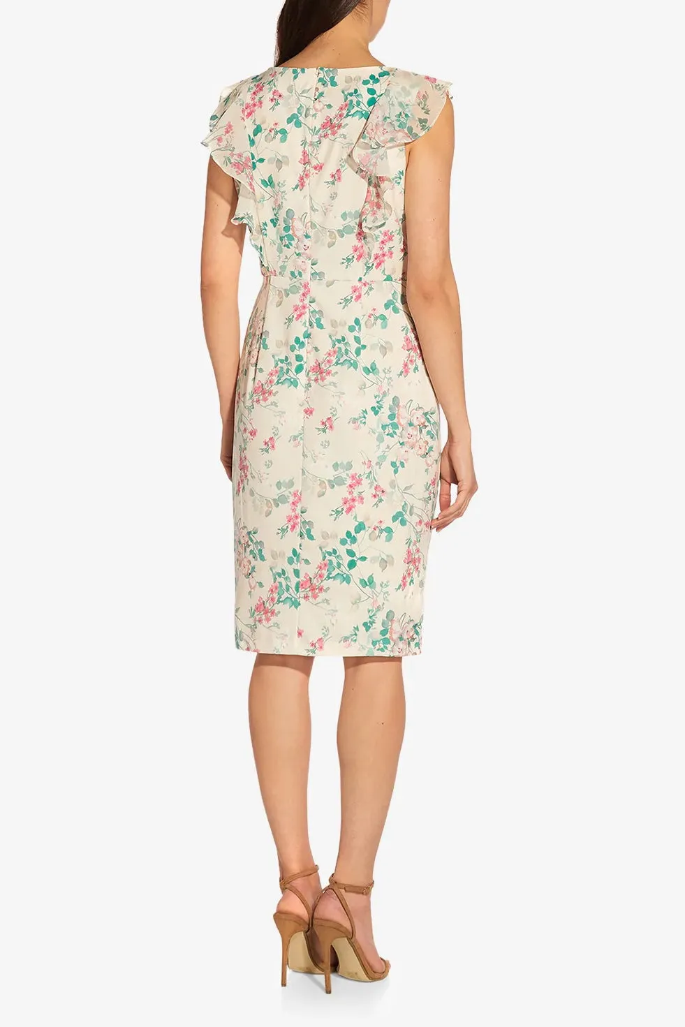 Adrianna Papell V- Neck Sleeveless Back Zipper Ruffle Front Detail Chiffon Short Dress