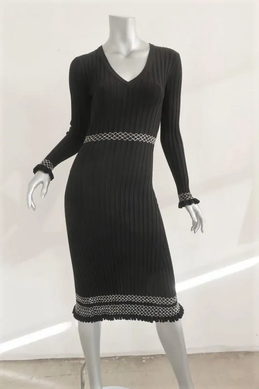 Altuzarra Dress Isolde Black Ribbed Knit Size Small Long Sleeve V-Neck
