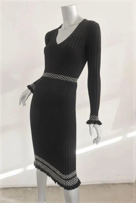 Altuzarra Dress Isolde Black Ribbed Knit Size Small Long Sleeve V-Neck