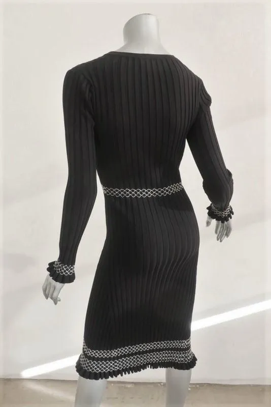 Altuzarra Dress Isolde Black Ribbed Knit Size Small Long Sleeve V-Neck