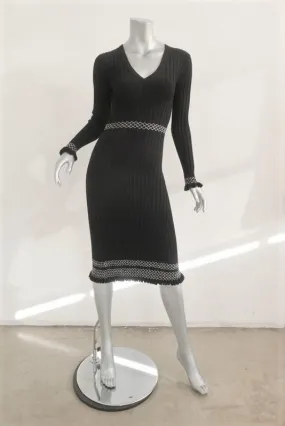 Altuzarra Dress Isolde Black Ribbed Knit Size Small Long Sleeve V-Neck