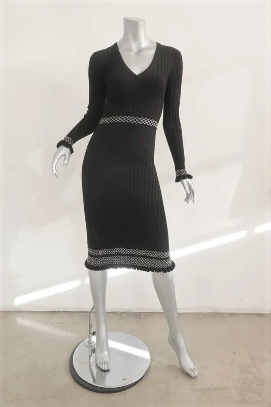 Altuzarra Dress Isolde Black Ribbed Knit Size Small Long Sleeve V-Neck