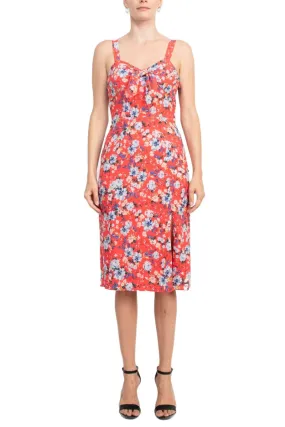 BCBG Generation Strap Shoulder Sweetheart Neck Bow Detail Keyhole Front Elastic Back Floral Print Crepe Dress