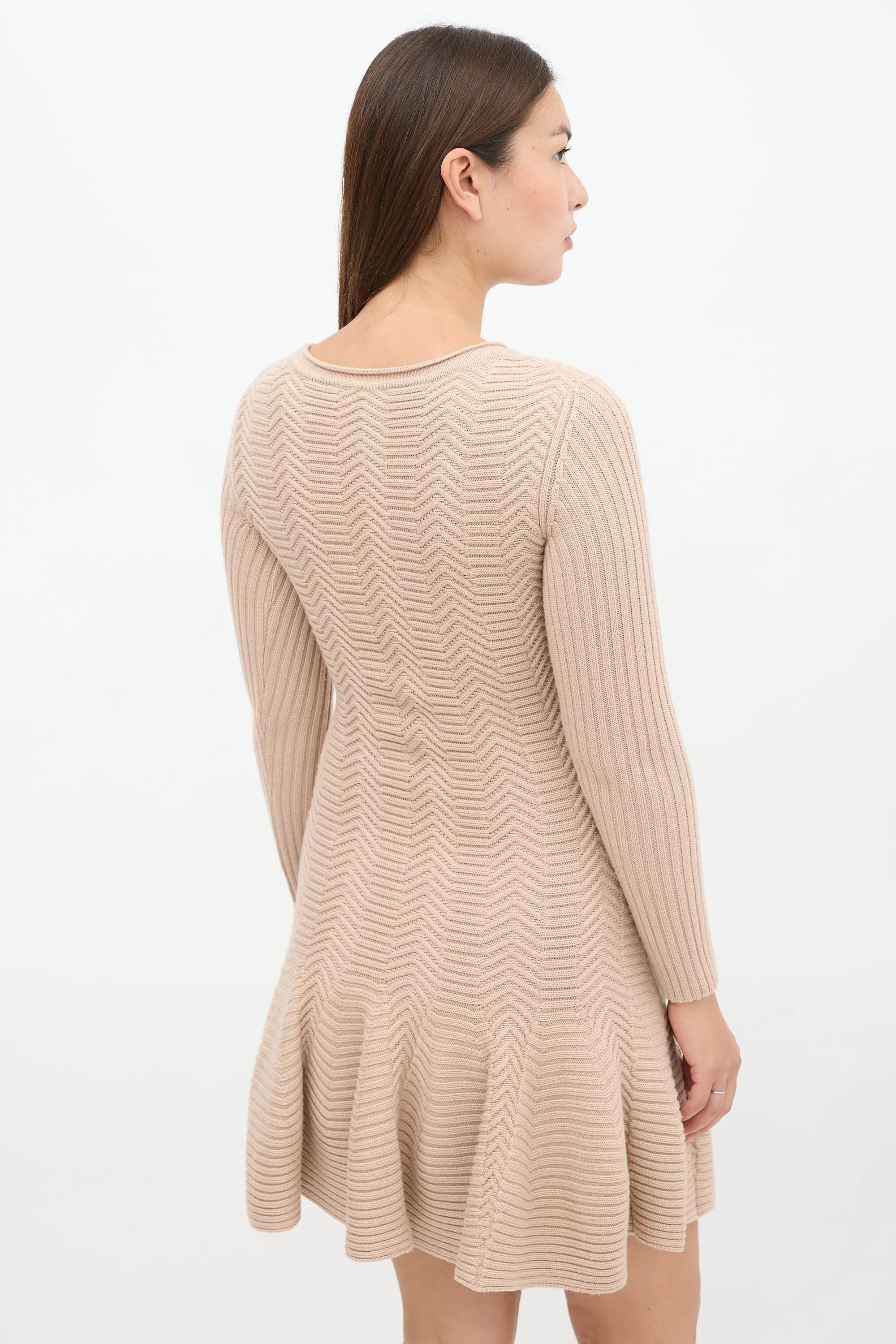 Beige Wool Knit Godet Midi Dress