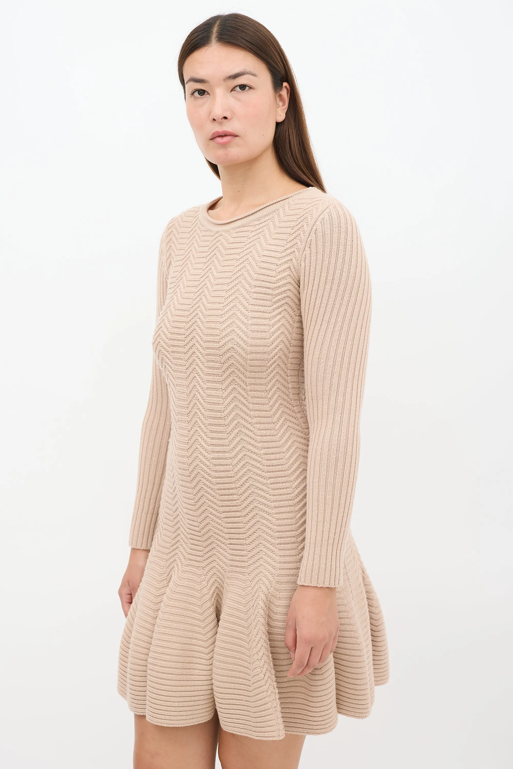 Beige Wool Knit Godet Midi Dress