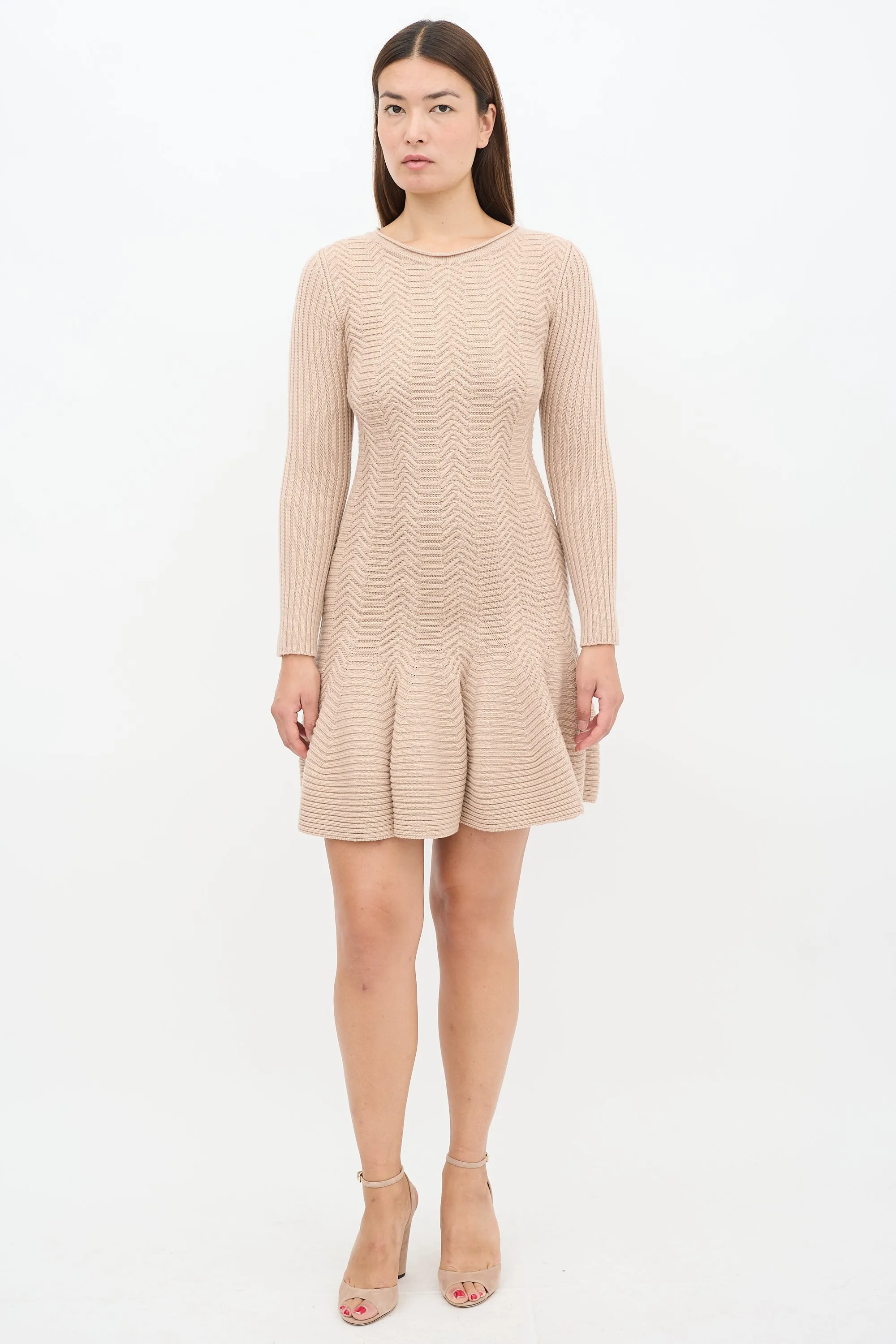 Beige Wool Knit Godet Midi Dress