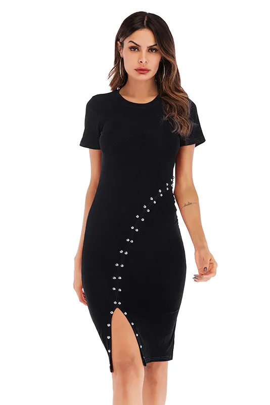 Black Slit  Beaded Slim Fit Dress
