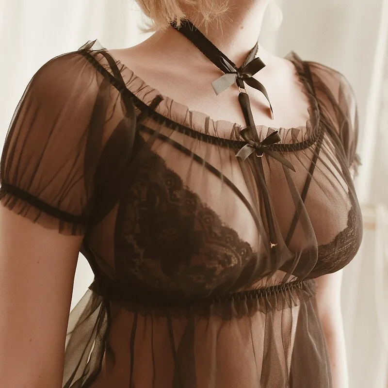 Black White Night Dress Babydoll Transparent Ruffles