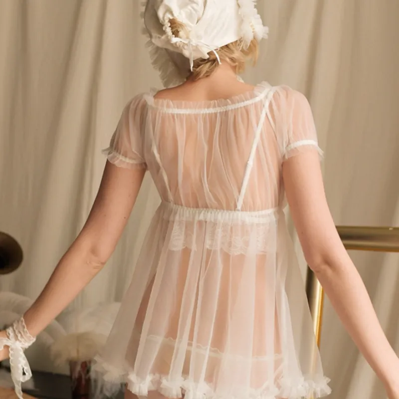 Black White Night Dress Babydoll Transparent Ruffles