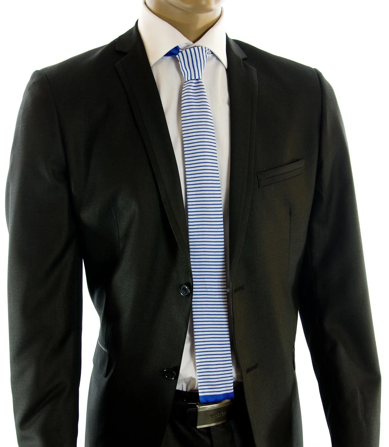 Blue and White Striped Knit Tie by Paul Malone