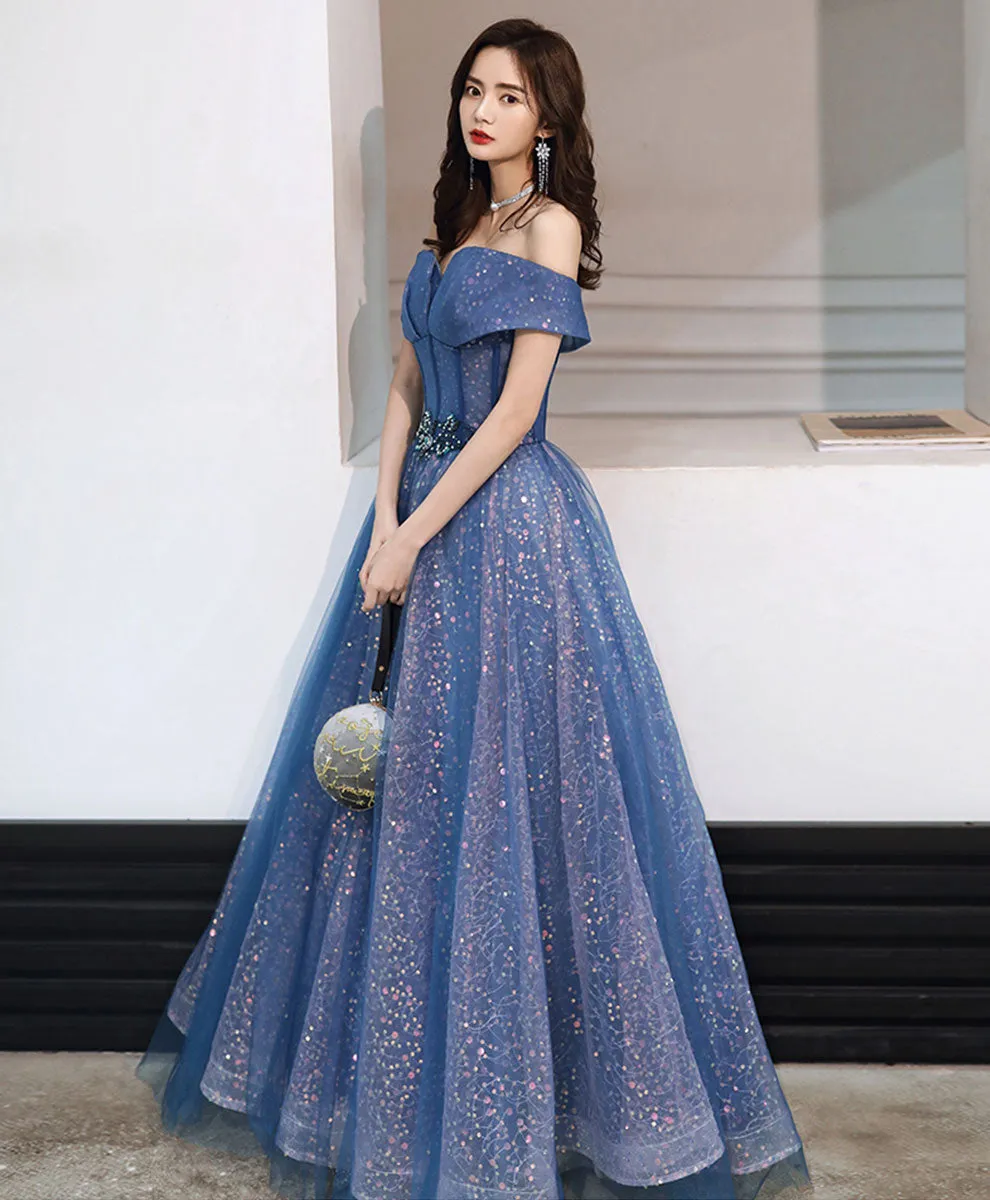 Blue Tulle Off Shoulder Long Prom Dress, Shiny Blue Formal Evening Dress