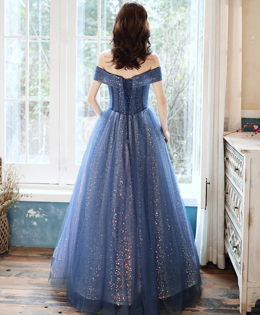 Blue Tulle Off Shoulder Long Prom Dress, Shiny Blue Formal Evening Dress