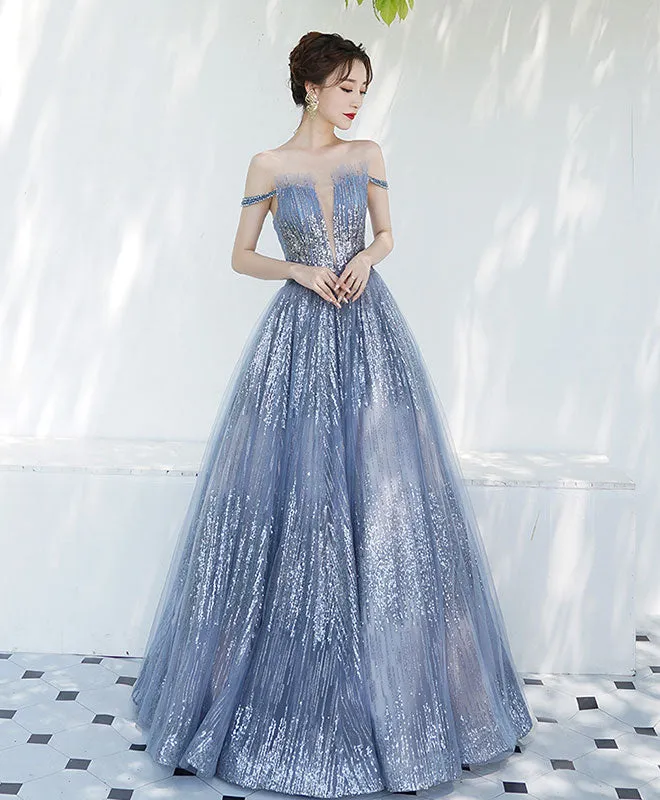Blue Tulle Sequin Off Shoulder Long Prom Dress Tulle Evening Dress