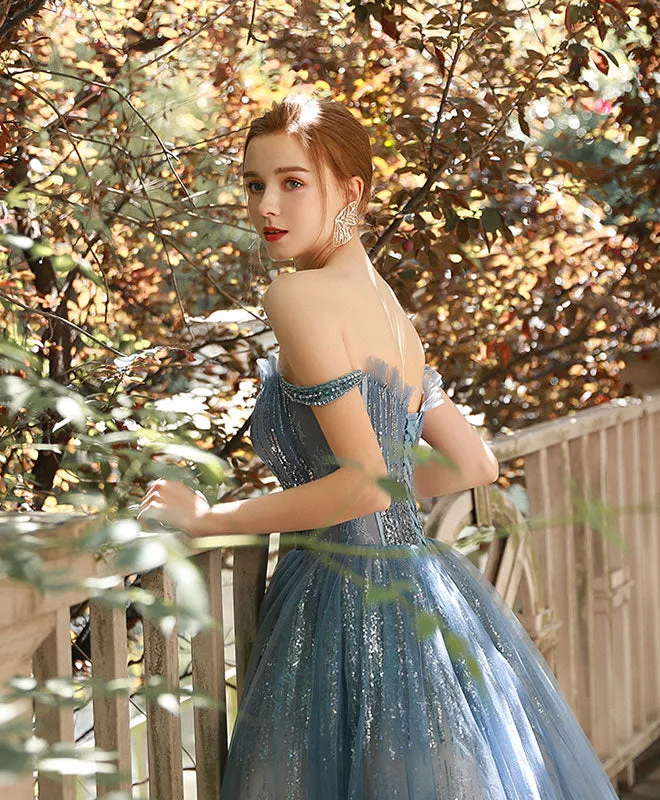 Blue Tulle Sequin Off Shoulder Long Prom Dress Tulle Evening Dress