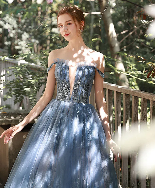 Blue Tulle Sequin Off Shoulder Long Prom Dress Tulle Evening Dress