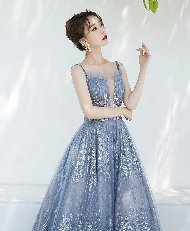 Blue Tulle Sequin Off Shoulder Long Prom Dress Tulle Evening Dress