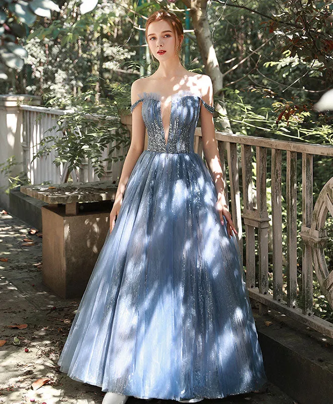 Blue Tulle Sequin Off Shoulder Long Prom Dress Tulle Evening Dress