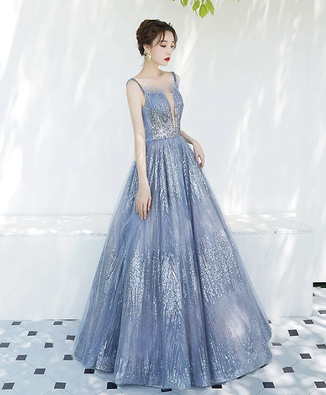 Blue Tulle Sequin Off Shoulder Long Prom Dress Tulle Evening Dress