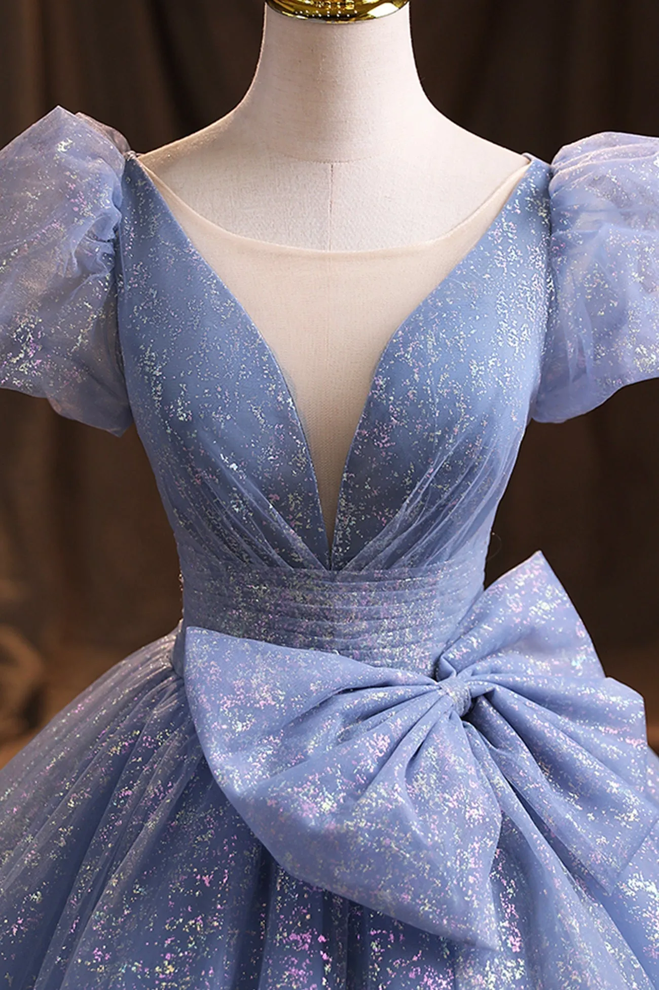 Blue Tulle Sequins Long Prom Dress, A-Line Evening Gown with Bow