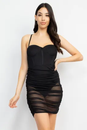 bodysuit bustier dress w/sheer ruched mesh