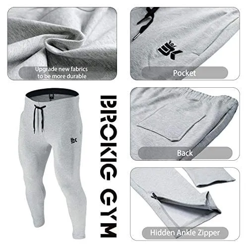 BROKIG Mens Zip Joggers Pants - Casual Gym Fitness Trousers Comfortable Tracksuit Slim Fit Bottoms Sweatpants with Pockets (Small, Heather Grey)