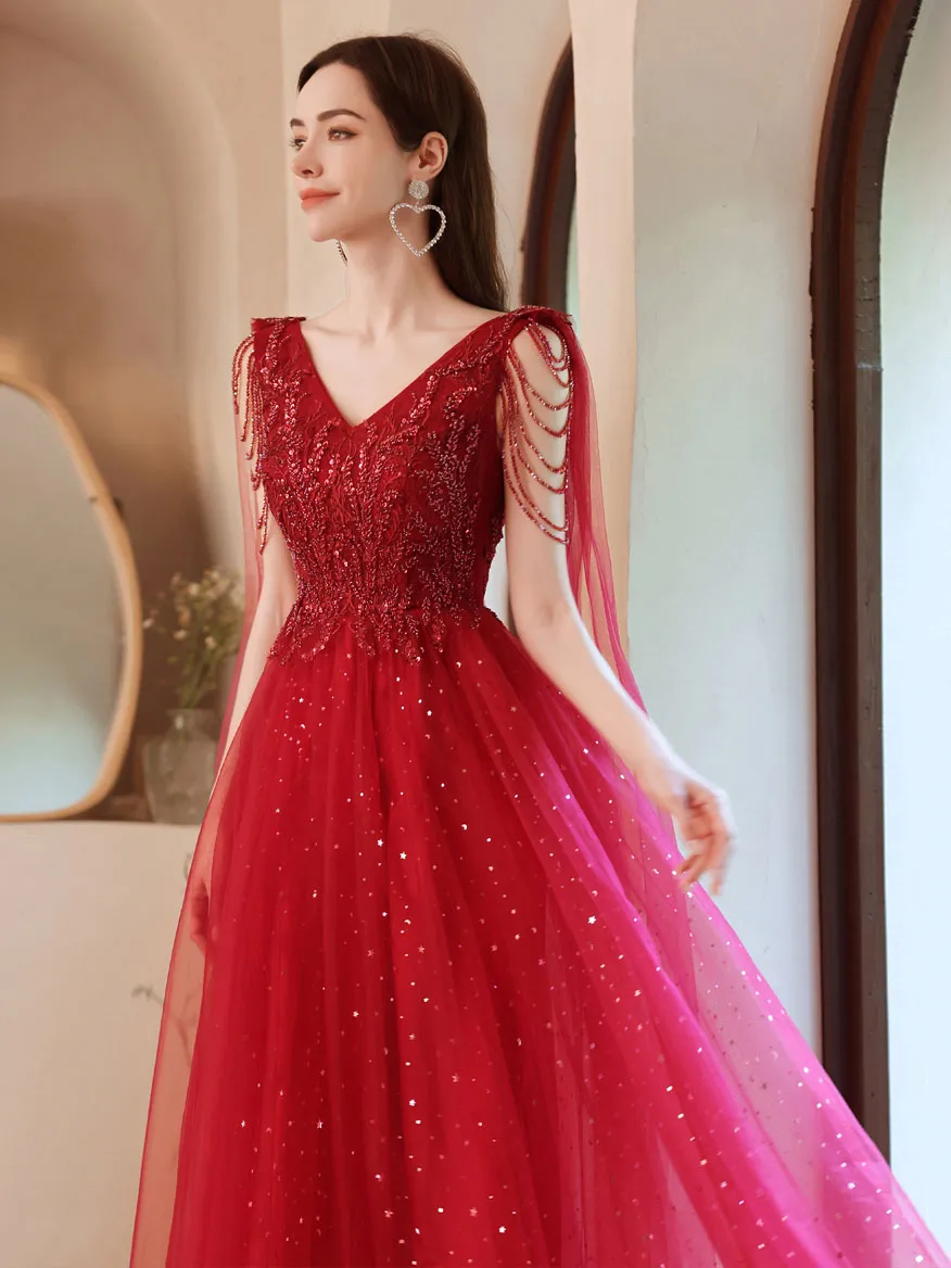 Burgundy V Neck Tulle Lace Beads Long Prom Dress, Burgundy Evening Dress