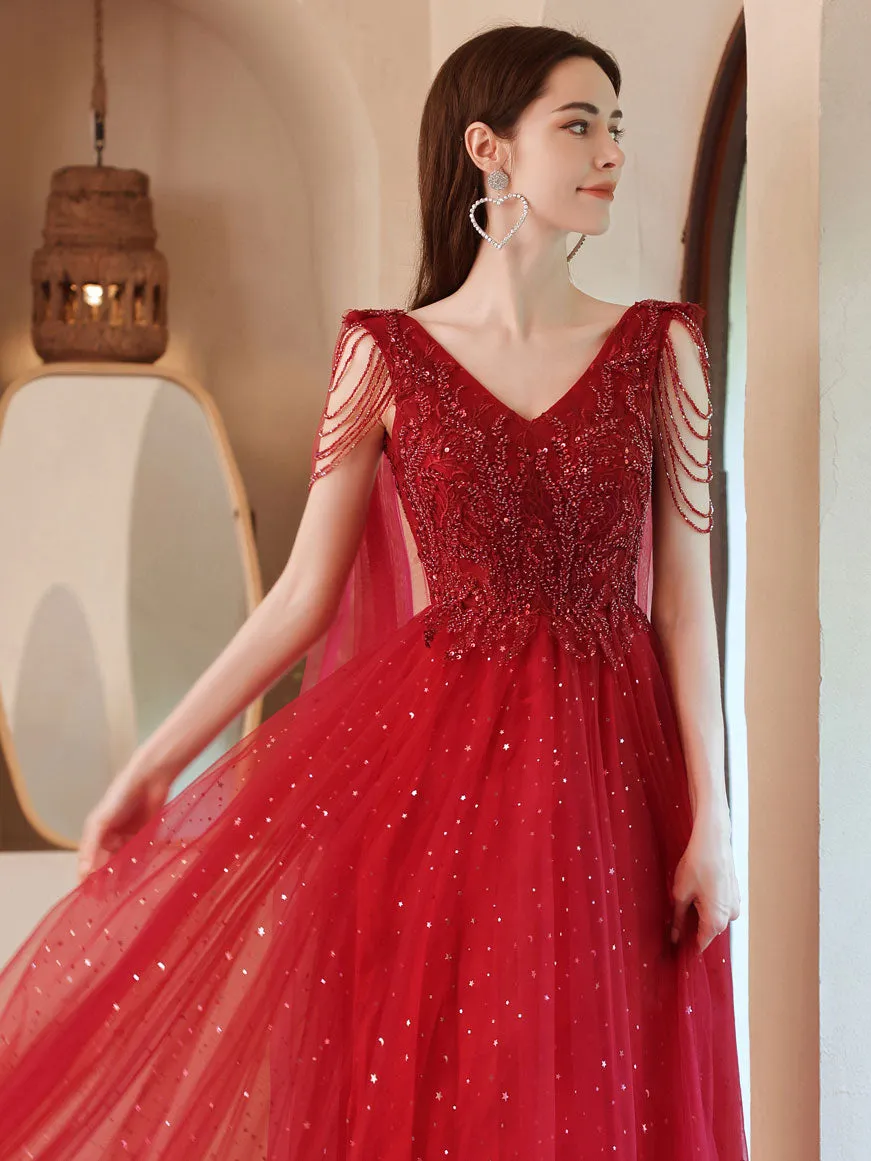 Burgundy V Neck Tulle Lace Beads Long Prom Dress, Burgundy Evening Dress