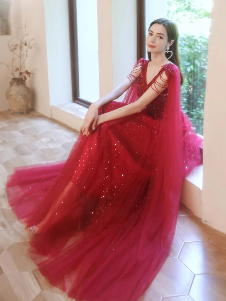 Burgundy V Neck Tulle Lace Beads Long Prom Dress, Burgundy Evening Dress