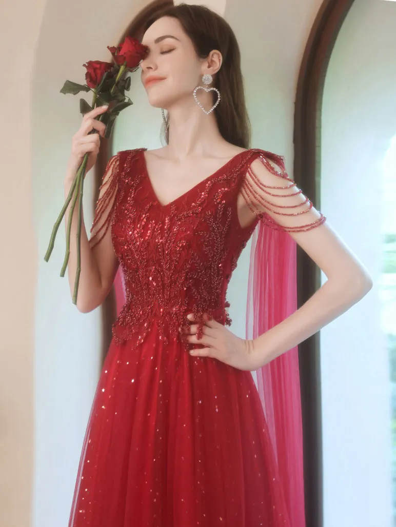 Burgundy V Neck Tulle Lace Beads Long Prom Dress, Burgundy Evening Dress