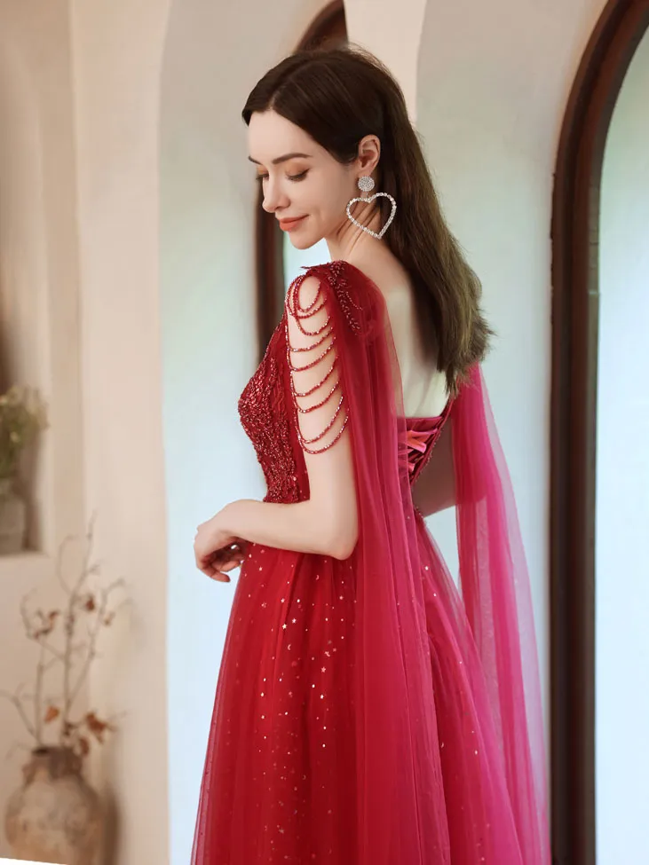 Burgundy V Neck Tulle Lace Beads Long Prom Dress, Burgundy Evening Dress