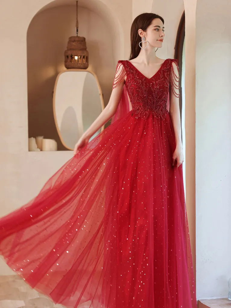 Burgundy V Neck Tulle Lace Beads Long Prom Dress, Burgundy Evening Dress