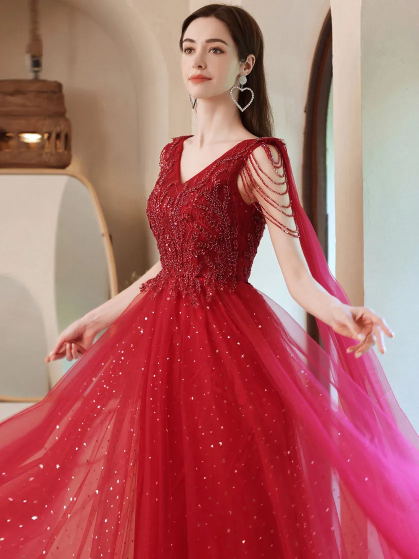 Burgundy V Neck Tulle Lace Beads Long Prom Dress, Burgundy Evening Dress
