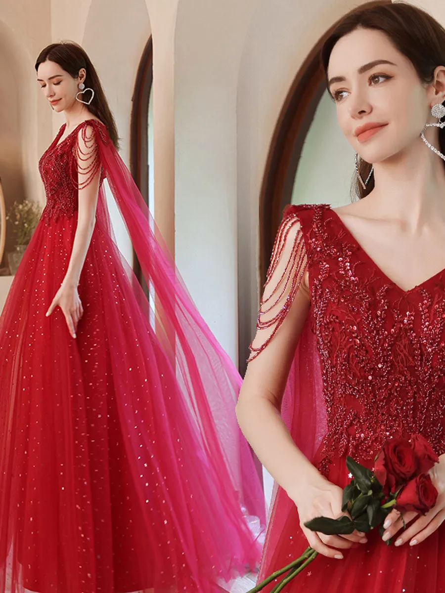 Burgundy V Neck Tulle Lace Beads Long Prom Dress, Burgundy Evening Dress