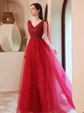 Burgundy V Neck Tulle Lace Beads Long Prom Dress, Burgundy Evening Dress