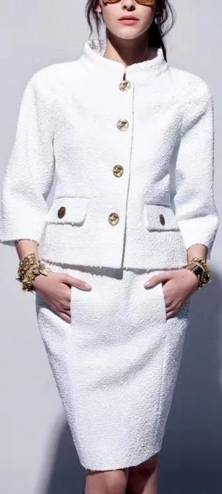 Buttoned White Jacket & Skirt Set, White
